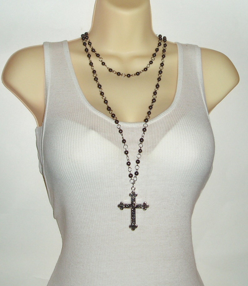 Double Strand Black Rosary Style Black Beaded Cross Chain Necklace Beaded Cross Pendant Necklace