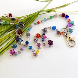Unique Colorful Beaded Lanyard - Multicolored Variety of Mixed Beads in Many Colors and Shapes on Interesting ID Badge Lanyard