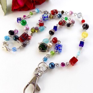 Multicolored And Fun Beaded Lanyard - Colorful Beads in Many Colors and Shapes on Interesting ID Badge Lanyard