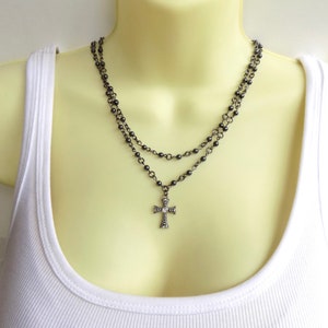 Rosary Style Double Strand Beaded Cross Necklace - Stylish Goth Double Chain Black Beaded Christian Choker