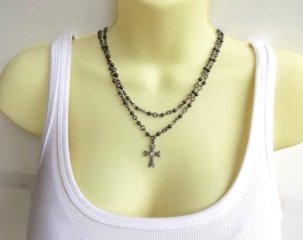 Rosary Style Double Strand Beaded Cross Necklace - Stylish Goth Double Chain Black Beaded Christian Choker
