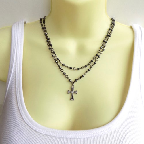 Rosary Style Double Strand Beaded Cross 