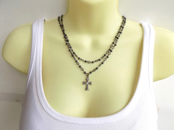Black Diamond Rosary Gold Long Drop Beaded Cross Pendant Necklace at  1stDibs | black diamond rosary necklace, beaded cross necklace, rosary cross  necklace