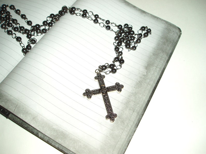 Double Strand Black Rosary Style Black Beaded Cross Chain Necklace Beaded Cross Pendant Necklace