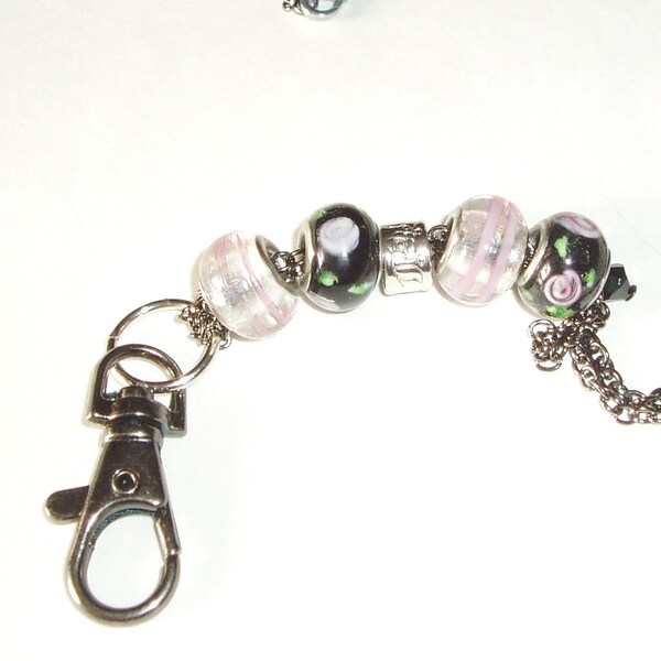 Black and Pink Beaded Lanyard - Gorgeous Bead ID Badge Work Teacher Lanyard in Floral Black and Pale Pink