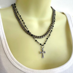 Double Chain Beaded Cross Necklace - Stylish Goth Chunky Double Chain Black Beaded Christian Choker