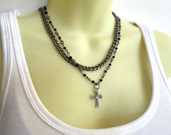 Double Chain Beaded Cross Necklace - Stylish Goth Chunky Double Chain Black Beaded Christian Choker