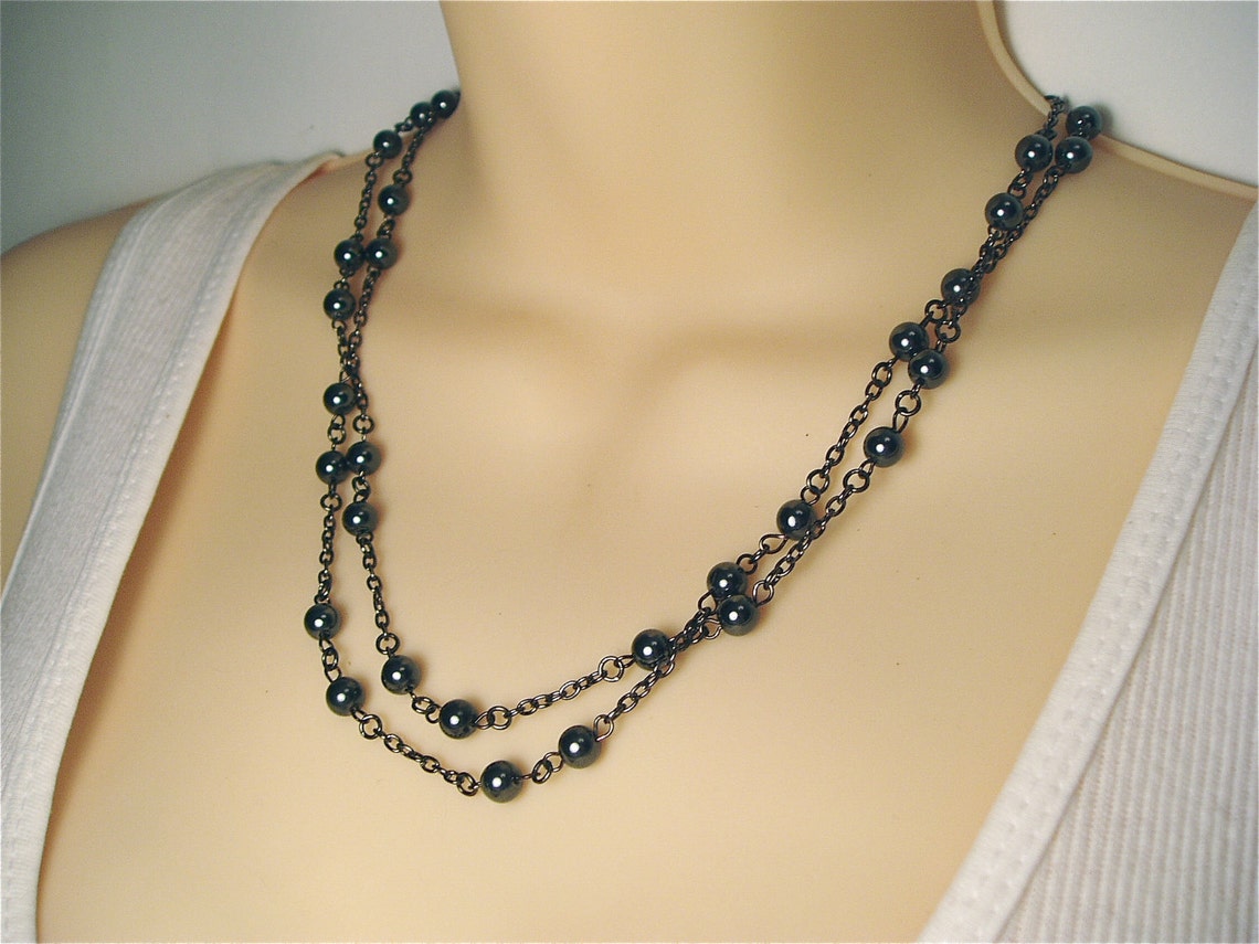 Double Strand Black Necklace Long Black Beaded Necklace in Etsy
