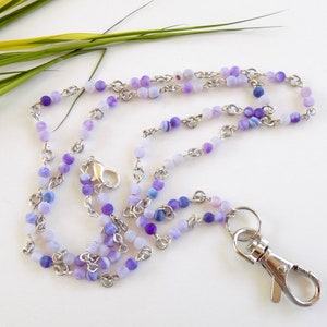Purple Beaded Lanyard - Lilac Amethyst Purple Bead ID Badge Woman&#39;s Lanyard