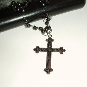 Beaded Cross Pendant Necklace Double Strand Black Rosary Style Black ...