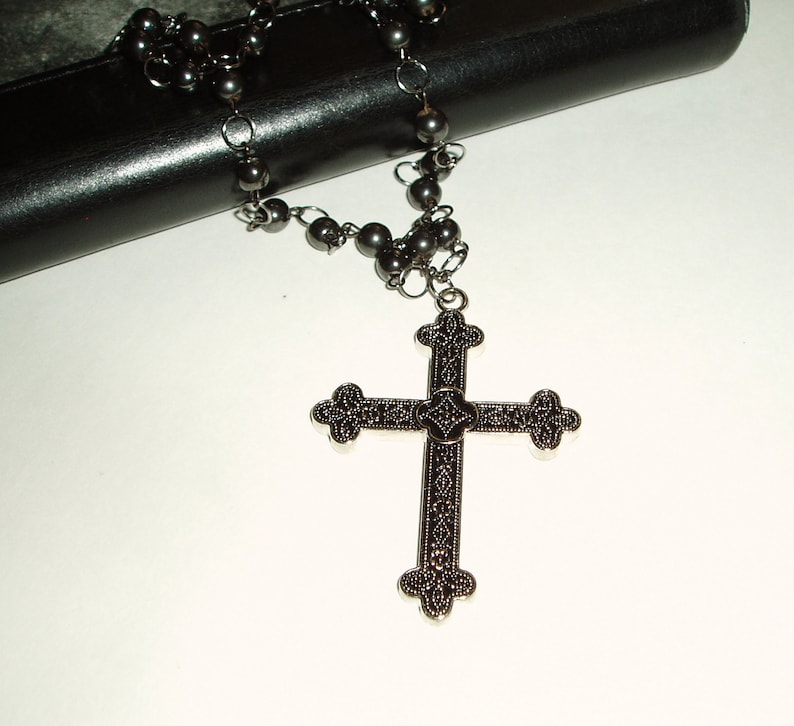 Double Strand Black Rosary Style Black Beaded Cross Chain Necklace Beaded Cross Pendant Necklace