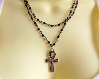 Rosary Style Double Strand Beaded Egyptian Ankh Necklace - Stylish Goth Double Chain Black Beaded Choker