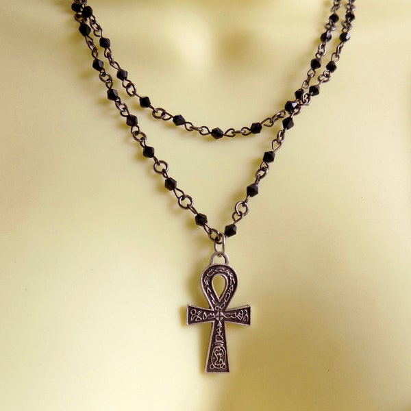 Rosary Style Double Strand Beaded Egyptian Ankh Necklace - Stylish Goth Double Chain Black Beaded Choker