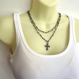 Black Cross Rosary Style Double Strand Beaded Cross Necklace - Stylish Goth Double Chain Black Beaded Christian Choker
