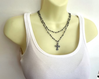 Black Cross Rosary Style Double Strand Beaded Cross Necklace - Stylish Goth Double Chain Black Beaded Christian Choker