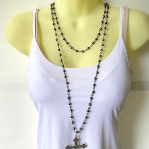 Beaded Cross Pendant Necklace - Double Strand Black Rosary Style Black Beaded Cross Chain Necklace
