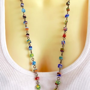 Multicolored Colorful Beaded Lanyard - Millefiori Flowered Color Beads on ID Badge Holder Lanyard with Large Lobster Clasp