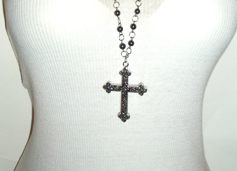 Double Strand Black Rosary Style Black Beaded Cross Chain Necklace Beaded Cross Pendant Necklace