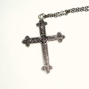 Cross Pendant Long Chain Necklace - Heavy Goth Gothic Cross Pendant on Long Gunmetal Chain