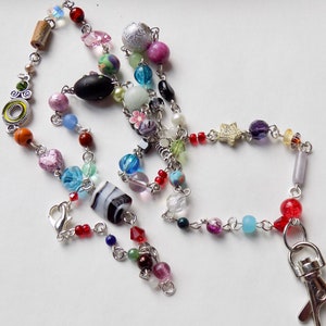 Multicolored And One of a Kind Beaded Lanyard - Colorful Beads in Red, Pink, Blue and Interesting Shapes on ID Badge Lanyard