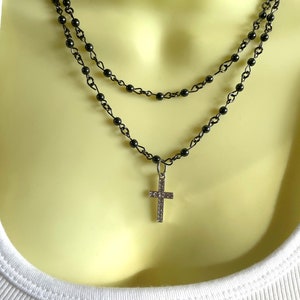Rosary Style Double Strand Beaded Cross Medallion Necklace - Stylish Goth Double Chain Black Beaded Christian Choker