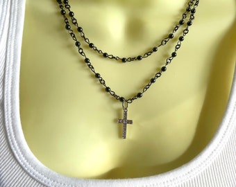 Rosary Style Double Strand Beaded Cross Medallion Necklace - Stylish Goth Double Chain Black Beaded Christian Choker