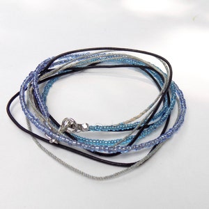 Leather, Hemp and Blue Beaded Wrap Bracelet - Blue Bead and Black Leather Multiple Wrap Leather Bracelet