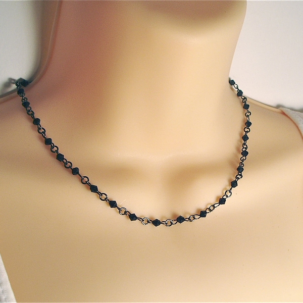 Simple Black Beaded Choker - Delicate Small Black Bicone Beads in Feminine Choker Necklace