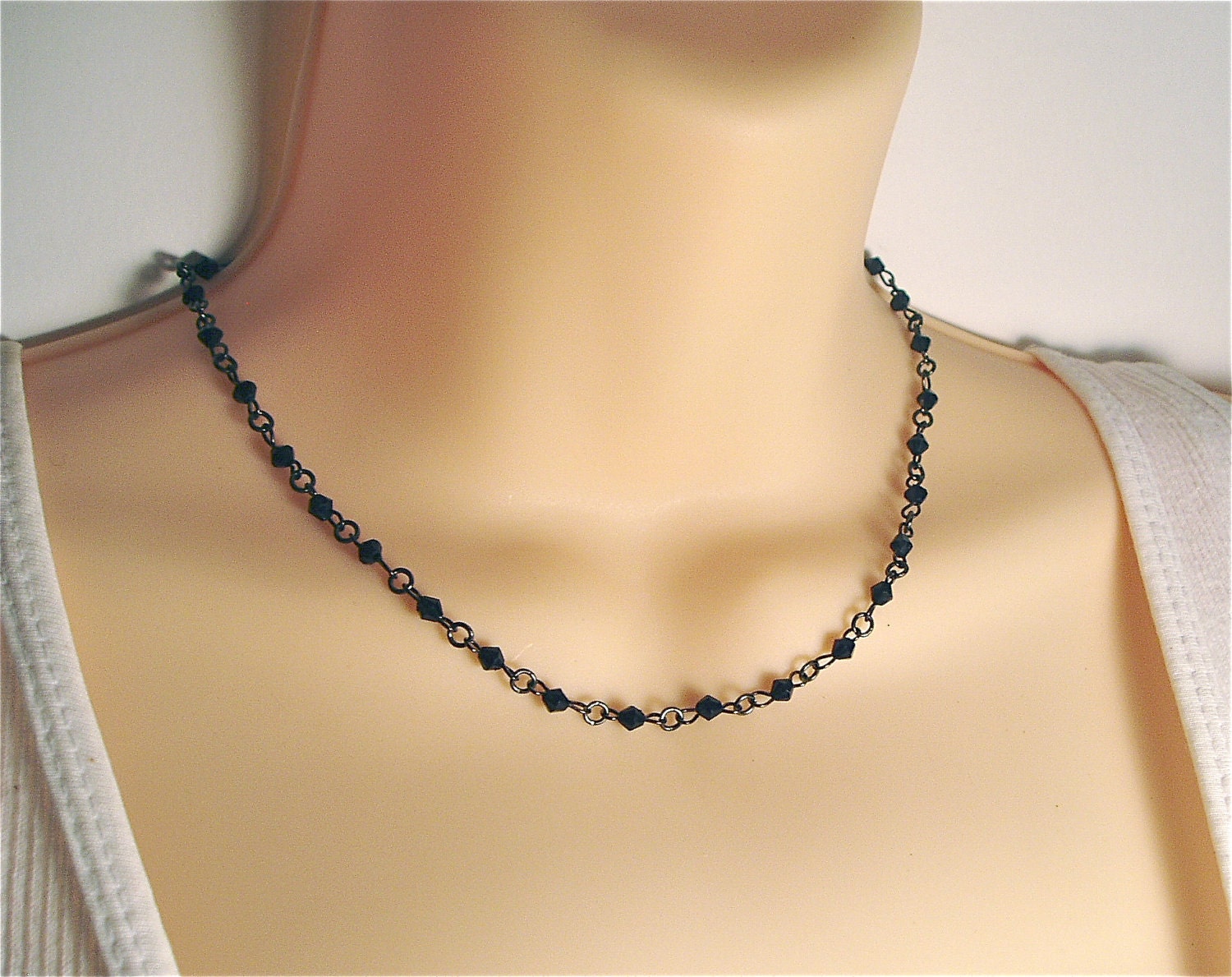 Simple Black Beaded Choker Delicate Small Black Bicone Beads in