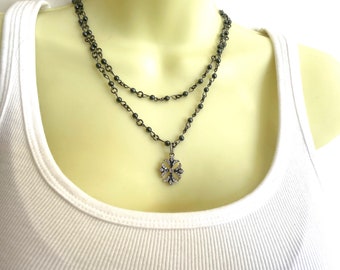 Double Strand Beaded Cross Necklace - Stylish Goth Double Chain Black Beaded Rosary Inspired Christian Choker