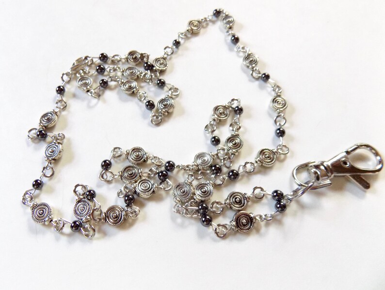 Silver Beaded Lanyard Textured Silver Round Bead With Black Etsy