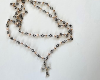 Rose Gold Tone Rosary Style Double Strand Beaded Cross Necklace - Stylish Goth Double Chain Black Beaded Christian Choker
