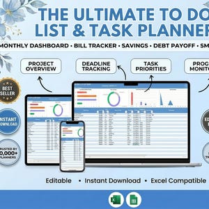 Excel To-Do List Task Planner Template ,TaskTracker with 1-Tab Dashboard easy budgeting