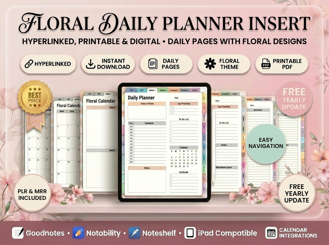 Floral Daily Planner Template for Canva & Goodnotes – Minimalist ...