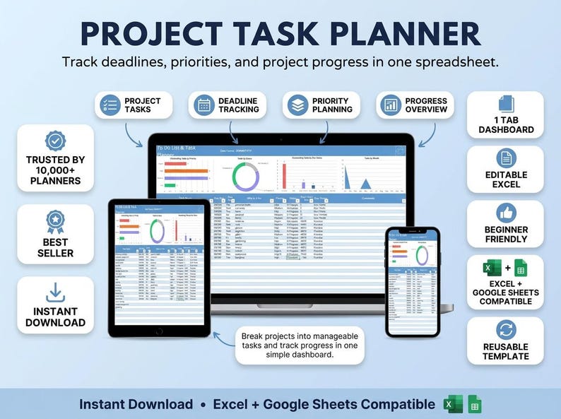 Visual Task Planner. Excel Excel Goal Tracker & Task Dashboard Template, Editable Progress Planner ...