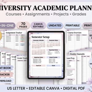 Può includere: Un pianificatore accademico universitario con 70 pagine di modelli stampabili e non datati, inclusi tracker per compiti, panoramiche dei corsi e orari settimanali. Il set PDF digitale è modificabile in Canva e include un calendario.