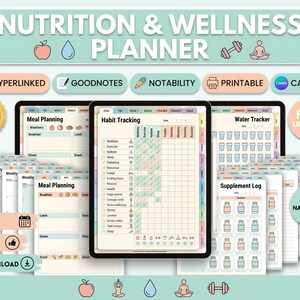 May include: A digital nutrition and wellness planner featuring a habit tracking interface, meal planning pages, water intake logs, and supplement trackers. The layout includes tabs for navigation, icons for health activities, and text labels.