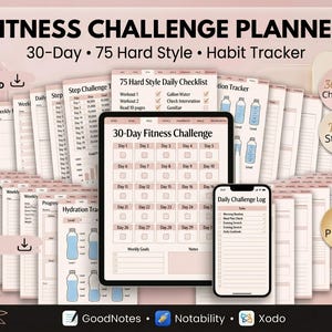 May include: A digital fitness challenge planner set featuring a 30-day challenge grid, habit trackers, and daily logs. The pages are displayed on a tablet and smartphone screen, with text including Fitness Challenge Planner, 30-Day, 75 Hard Style, and Habit Tracker.