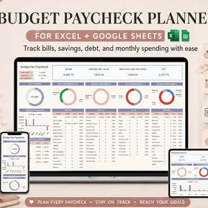 Budget Paycheck Planner Excel Google Sheets Template, Bill Tracker Dashboard, Savings Goals, Debt Payoff, Monthly Expense Organizer