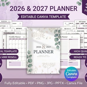 Puede incluir: Plantilla de planificador digital para 2026 y 2027, con un diseño suave en morado y blanco. El planificador incluye secciones para la planificación mensual, el seguimiento de contraseñas y cumpleaños. La imagen también destaca la plantilla digital, la alta calidad y las funciones editables de Canva.