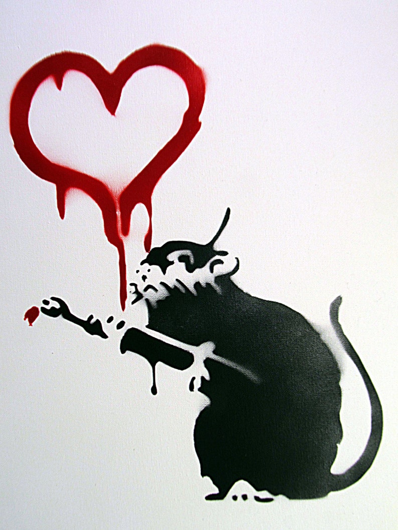 Hand Spray Painted Banksy Rat Painting a Red Heart spray Etsy