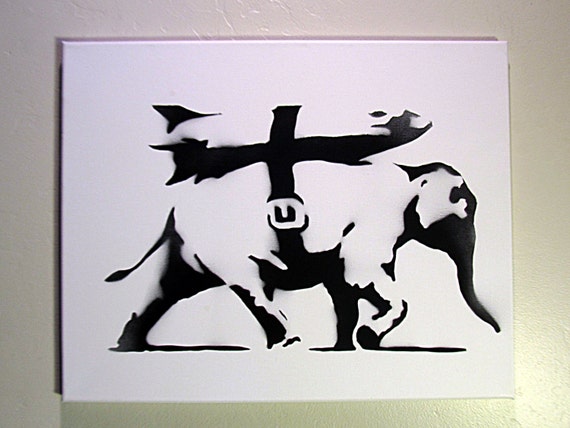 hand spray painted banksy elephant carrying bomb spray paint stencil art on canvas spray paint stencil art
