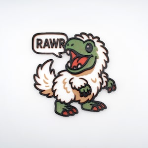May include: A cartoon dinosaur illustration with a speech bubble saying "RAWR". The dinosaur is green, white, and brown with red accents. The illustration has a black outline on a white background.
