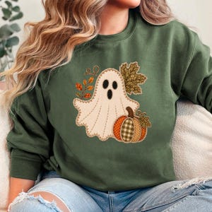Gezellige trui met spookmotief en patchwork voor de herfst, Halloween-trui voor de herfst, rustieke top voor de herfst, cadeau voor Thanksgiving, cottagecore pompoenpullover