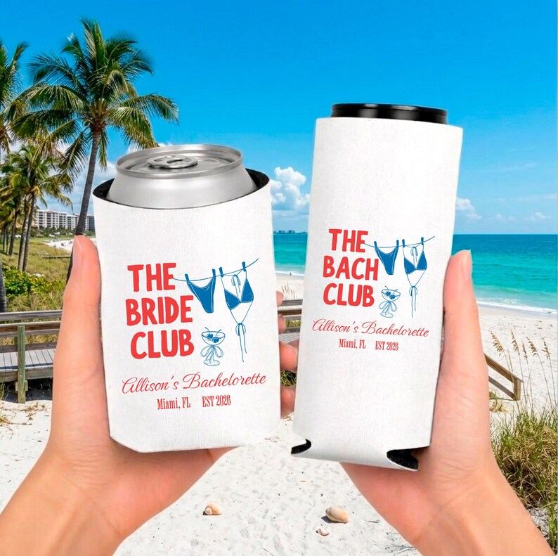 May include: Two white can coolers with red text reading "THE BRIDE CLUB" and "THE BACH CLUB". Each cooler features a blue bikini graphic and the text "Allison's Bachelorette, Miami, FL EST 2028".