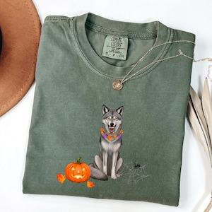 May include: An olive green short-sleeve t-shirt featuring a graphic of a grey wolf wearing a string of orange and purple lights around its neck. Next to the wolf is a carved orange jack-o'-lantern, two orange leaves, and a spider web with a spider.