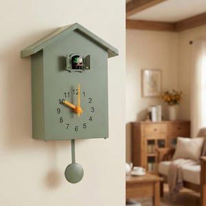 Peut inclure: Une horloge à coucou vert sauge en forme de maison. L'horloge est dotée d'un pendule et d'aiguilles orange. Le coucou est visible dans sa petite fenêtre. L'horloge est fixée sur un mur de couleur claire.