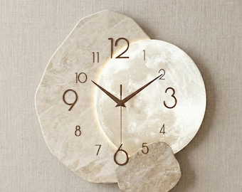 Modern Beige Moon Phase Wall Clock, Stone Textured Silent Quartz Clock, Boho Home Decor