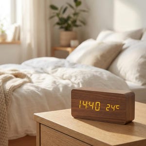 May include: A rectangular wooden digital clock displaying 14:40 and 24°C. The clock sits on a wooden nightstand next to a bed with white bedding. The room has a neutral color palette with natural light.