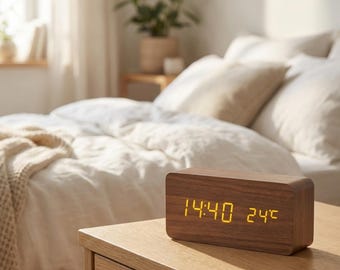 Houten led digitale wekker met temperatuurweergave – minimalistische moderne bureauklok